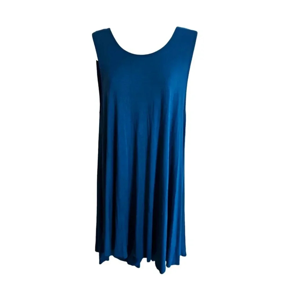 Alexander + David Women Large Swing Dress Aqua Viscose Solid Tunic Pristine Boho - Picture 2 of 8